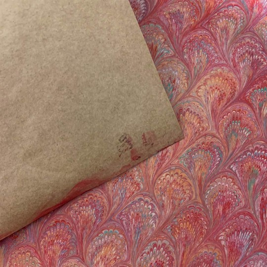 Hand Marbled Paper Peacock Pattern in Reds on Brown Paper ~ Berretti Marbled Arts